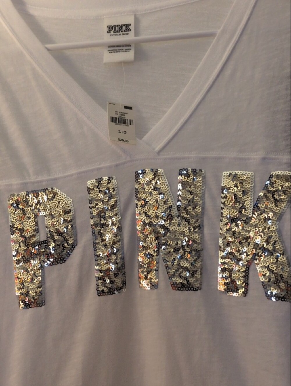 PINK Victoria's Secret White V-Neck Tee with Gold Sequin Logo - Picture 2 of 8